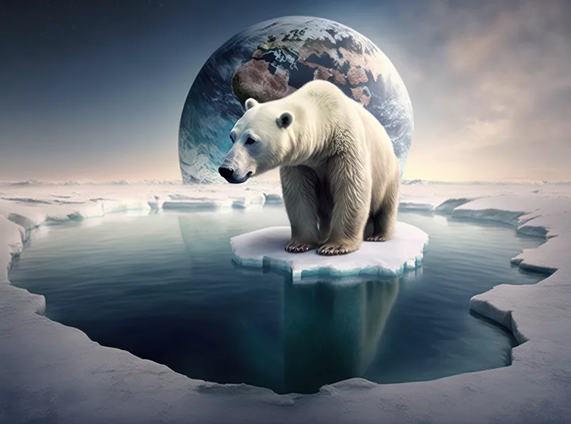 polar bear in melting glacier. global warming and climate change.