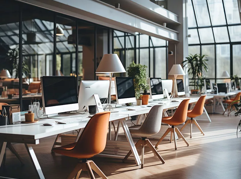 Photograph of an empty workspace for a modern startup.