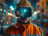 A construction worker wearing virtual reality glasses