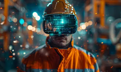 A construction worker wearing virtual reality glasses