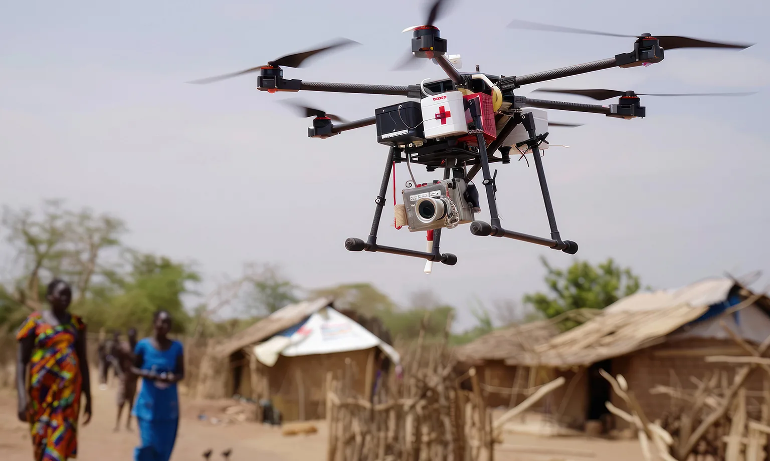 Drone delivering aid to an African village