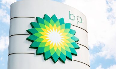 BP plc British oil and gas company logo, brand signage, gas station signpost