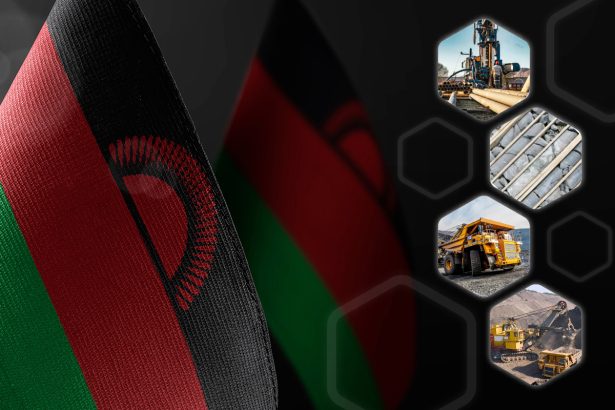 Small national flags of the Malawi on a dark background