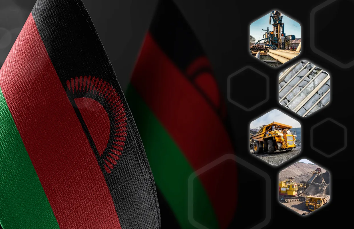 Small national flags of the Malawi on a dark background